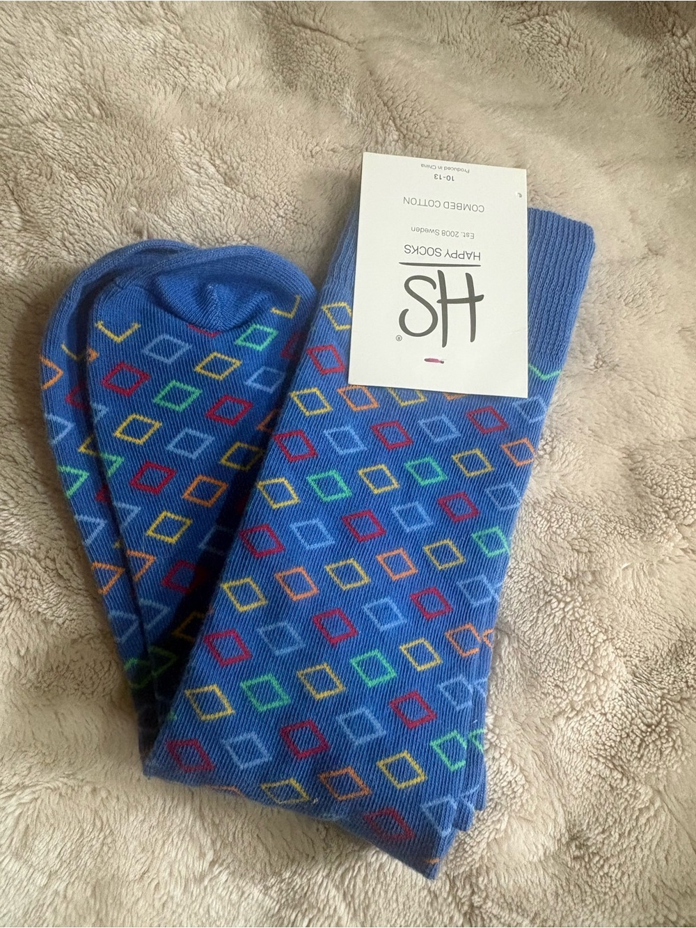 Happy Socks Blue Crew Socks with Multicolor Diamond Motifs